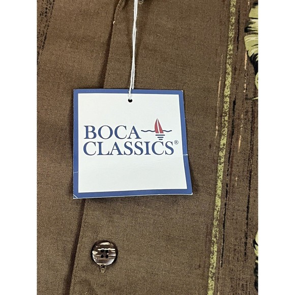Vintage Boca Classics Shirt Men's L Green Short Sleeve Button Up Blue Hibiscus - Picture 2 of 8